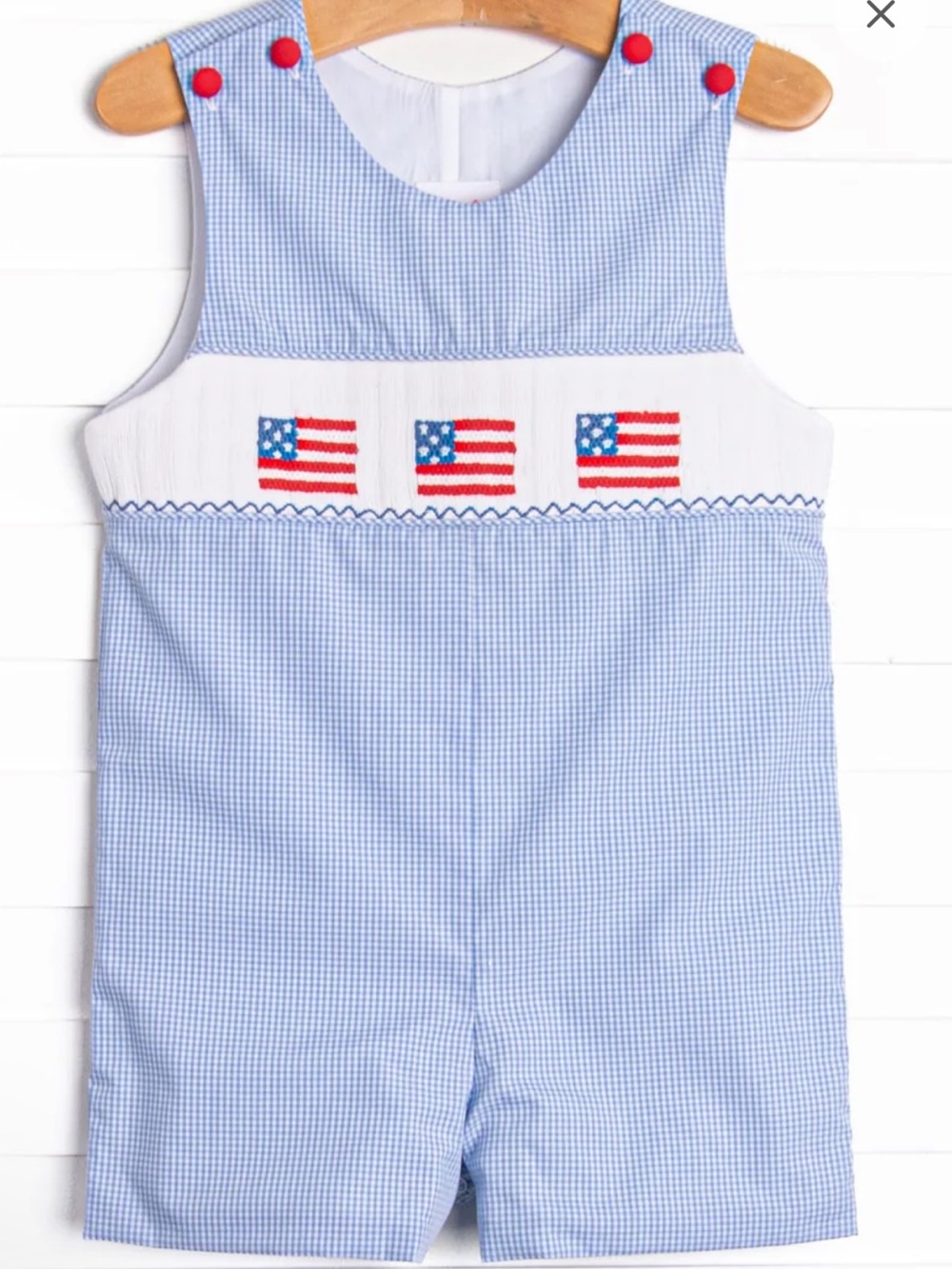 Stitchy Fish “Salute The Flag” Smocked Jon Jon Shortall Blue Gingham 3T